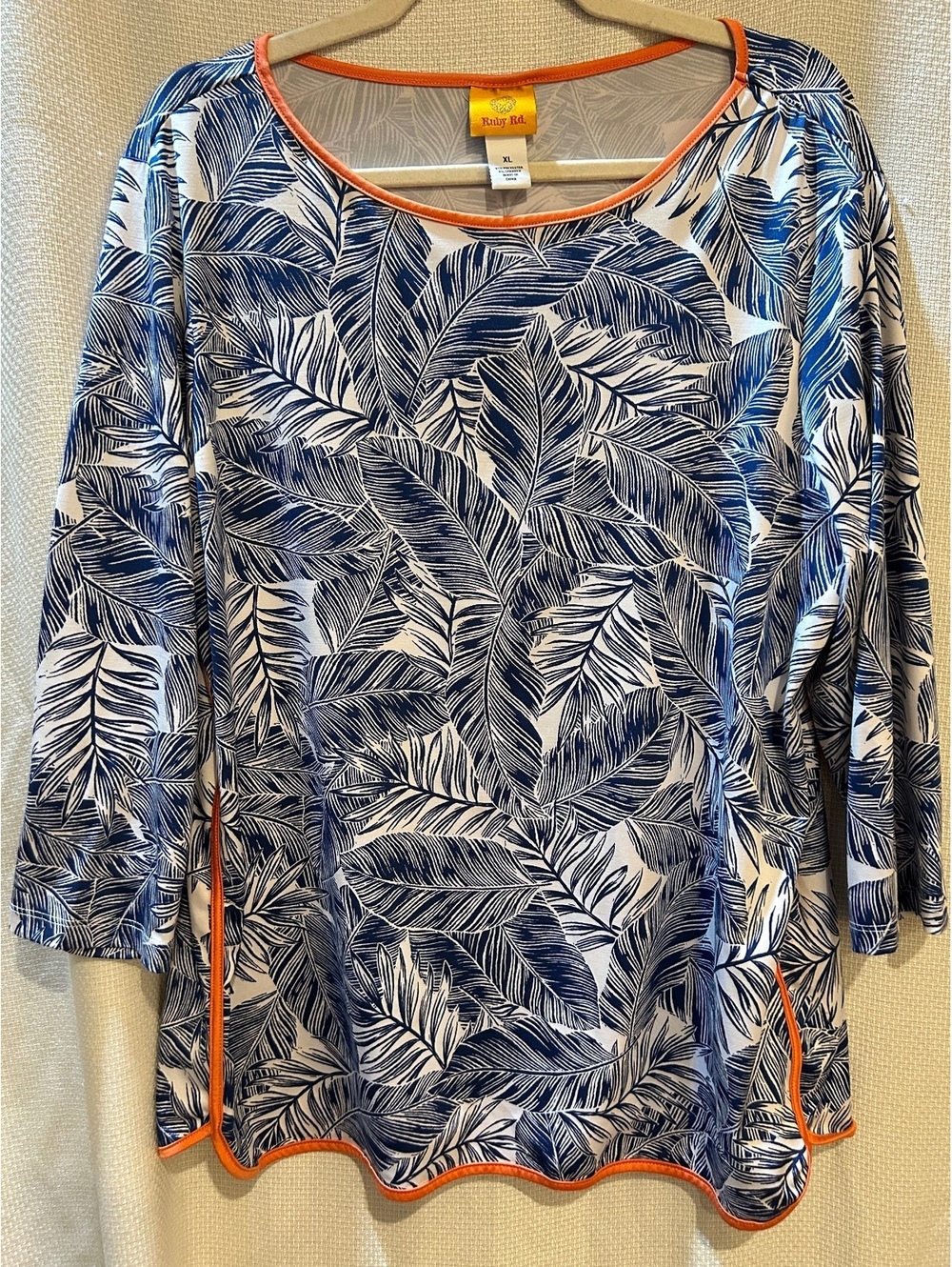 Ruby Rd. XL Blue and White Leaf Print 3/4 Sleeve Shirt with Orange Trim